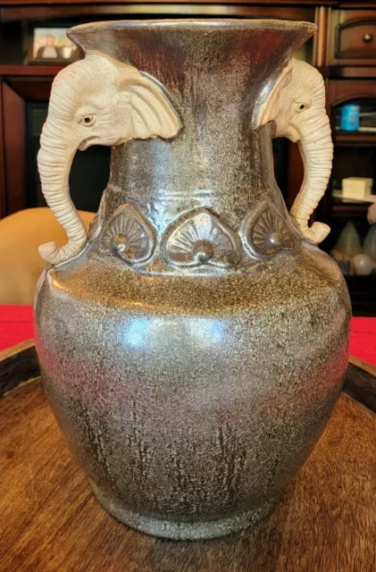 Large Stoneware Elephant Handle Vase Urn Pottery