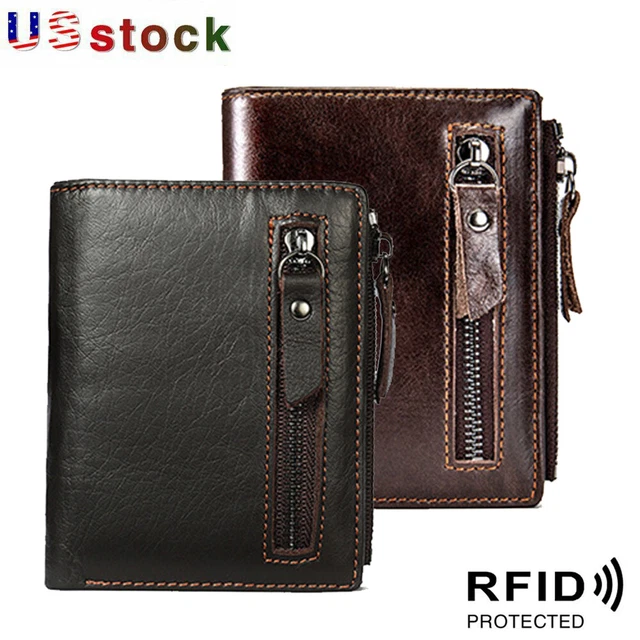 Mens Wallet Genuine Leather RFID Blocking Credit Card Holder Zipper Slim Purses