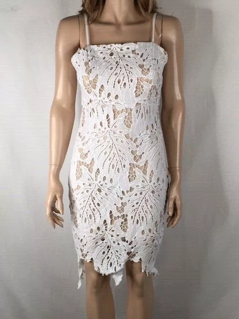 WOMEN'S NWT AQUA Lace Overlay Spaghetti Straps Bodycon Dress White $28. ...