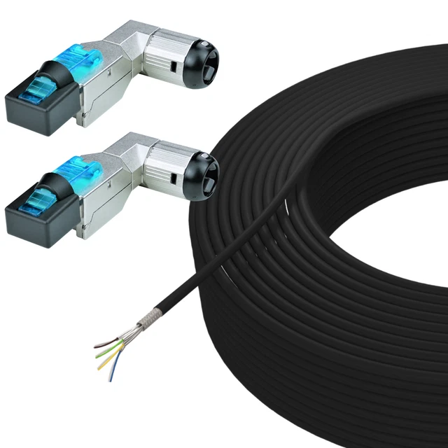 Cat.7 Erdkabel Set 50m S/FTP Outdoor Verlegekabel PE & RJ 45 Winkel LAN Stecker