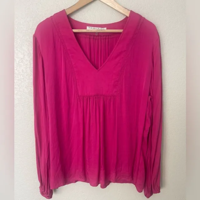 Trina Turk XL Silk Fuchsia Pink Tunic Top Balloon Long Sleeves