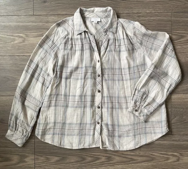 J Jill Shirt Size S Gray Blue Plaid Flannel Long Sleeve Button Up Blouse Top