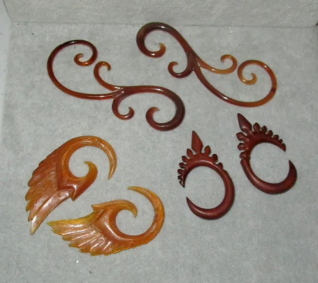 Organic Tribal Carved Wood Acrylic Feather GAUGES TAPERS HANGERS SPIRALS 3 Pair