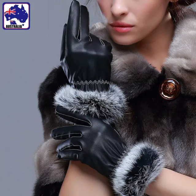 Gloves Warm Lady Luxury Rabbit Fur Cuff PU Soft Black Glove M/L CGLOV33