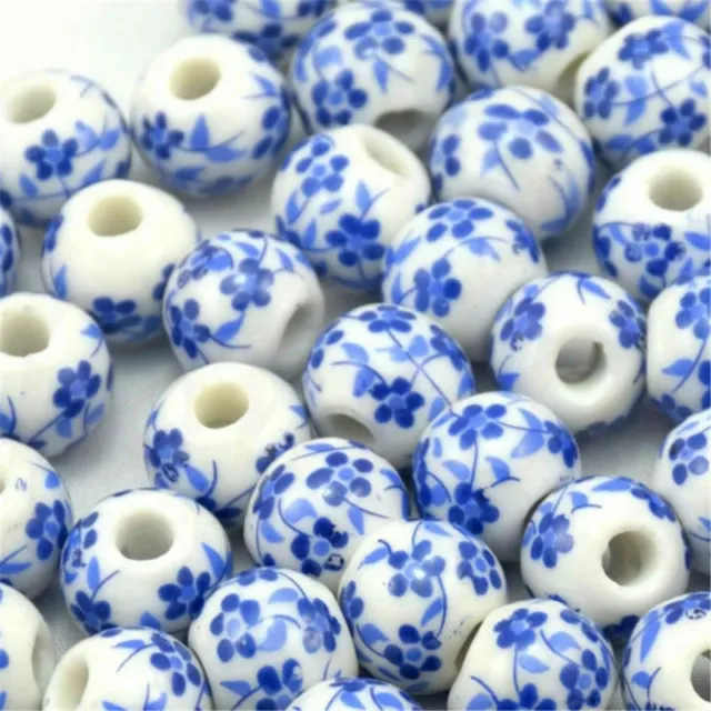 20-100 Porzellan Blume Perlen 8mm Weiß Blau Keramik Schmuck Herstellung Zubehör