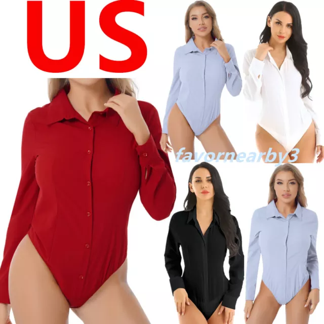 US_Women One-Piece Collar Bodysuit Long Sleeve Button Down T-shirt Top Business