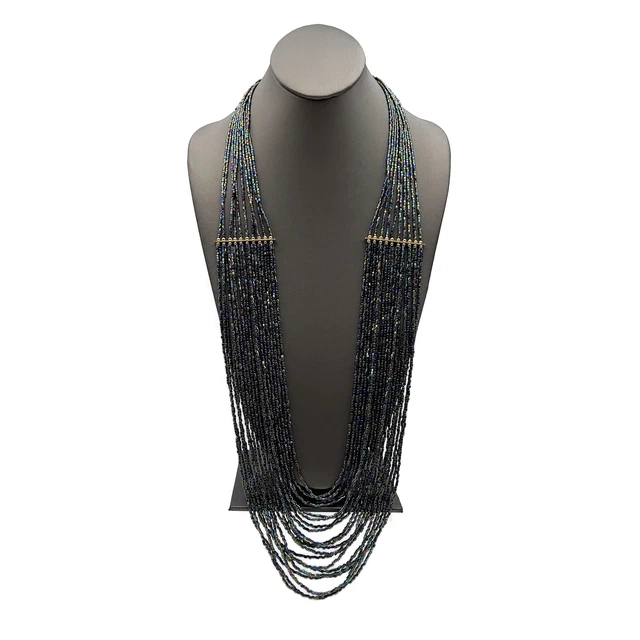 Charming Charlie Gold Tone Multi Strand Peacock Seed Bead Fashion Necklace