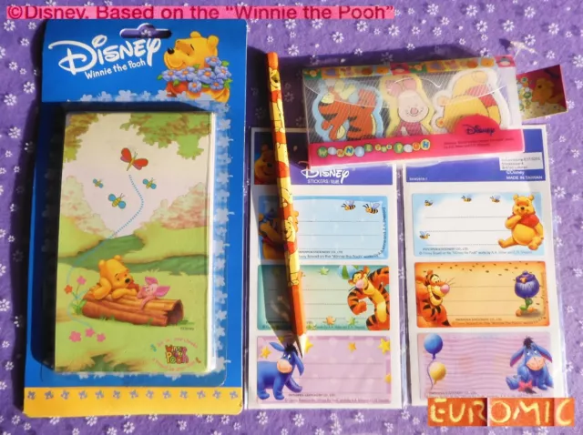 🧸 VINTAGE 2000 WINNIE POOH Eraser Gommine + Etichette + Block Notes + Matita 🐷
