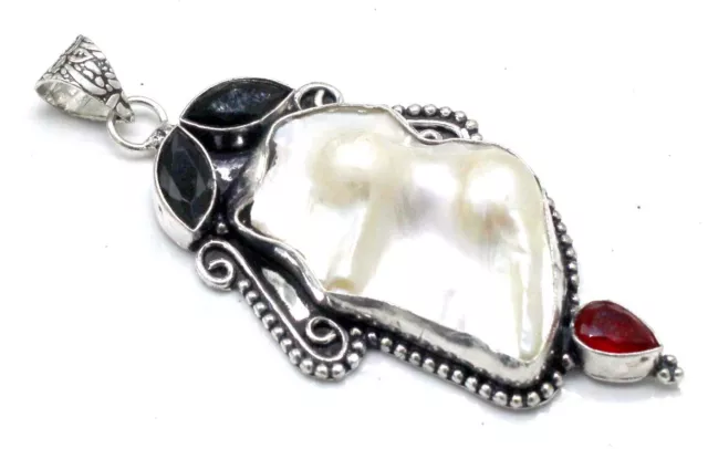 925 Sterling Silver Mother Of Pearl & Spinel Gemstone Jewelry Pendant Size-2.10