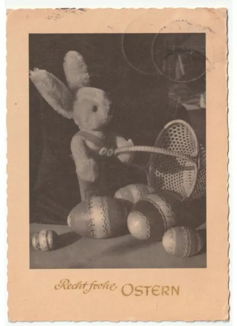 1959 Photo Carte Postale D'Époque Lapin Peluche Panier Oeufs Voeux De Pâques