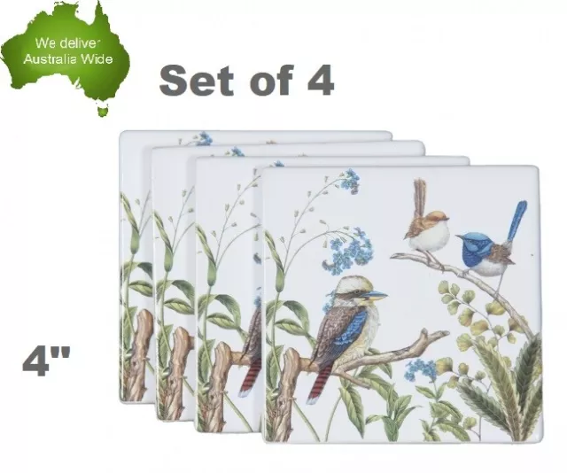 4x Australian Bird Square Coaster Set Fine Bone China Box Gift Ceramic Blue Wren