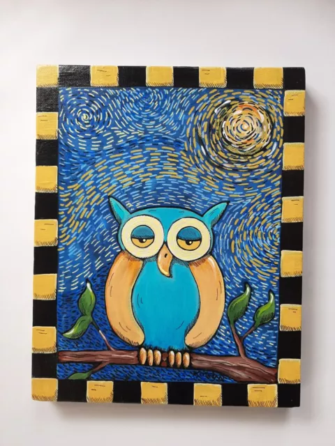 Original OWL Van Gogh Starry Night Folk Art Painting Canvas Nursery Décor Owls