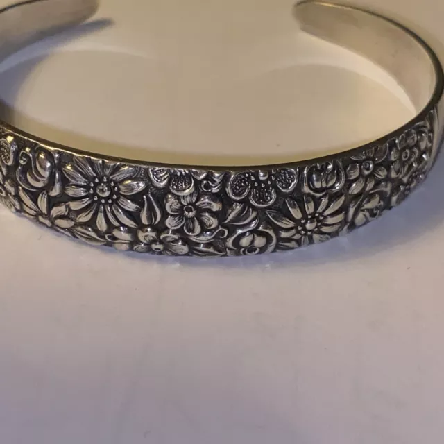 Contessina Cuff Bracelet Sterling Signed Dated 1965 Embossed Flowers Vintage