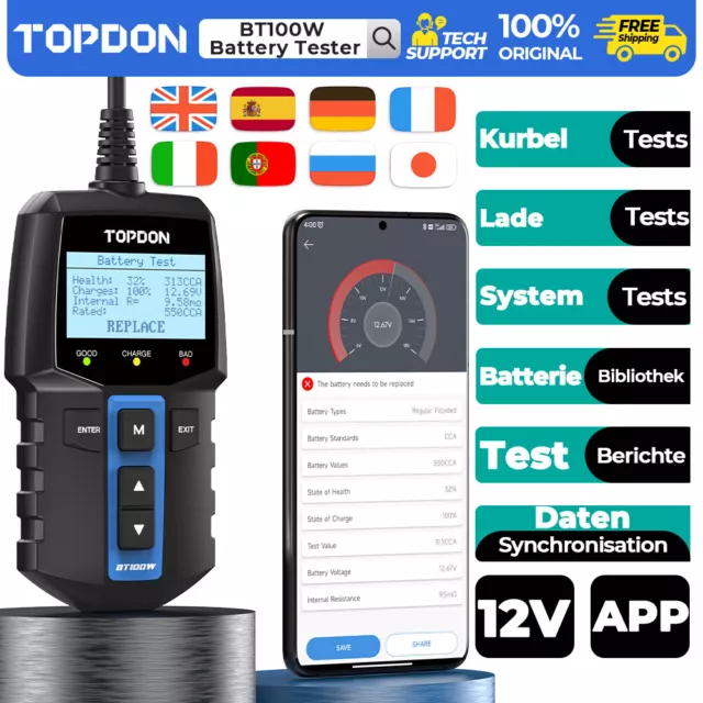 TOPDON BT100W 12V Batterietester Diagnosegerät Test 100-2000CCA Akkuladegerät