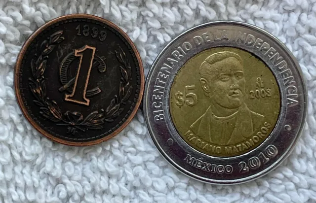 2010 Mexico 5 Pesos Mariano Matamoros  , 1 Cent Copper Modern   Lot 2 Pc