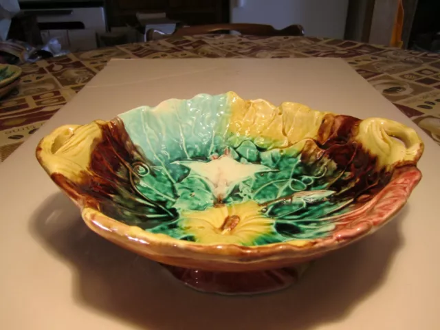 Antique Majolica Colorful Flowers Decorated 2 Handlled Elevated Pottery Bowl