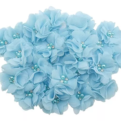 30 PCS Rhinestone Pearl Blue Chiffon Flower Sewing Fabric Appliques for Cloth...
