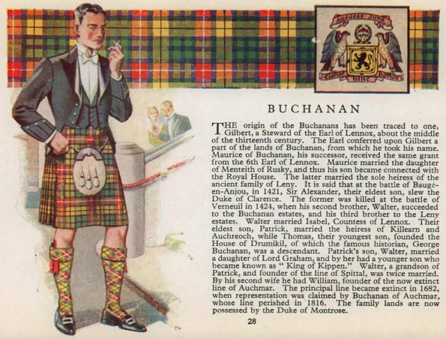 Buchanan. Scotland Scottish clans tartans arms 1957 old vintage print picture