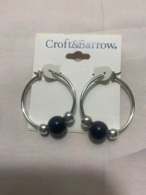 Set of 3 - Croft and Barrow Silver Tone Hoop Earrings - Black, Blue, White