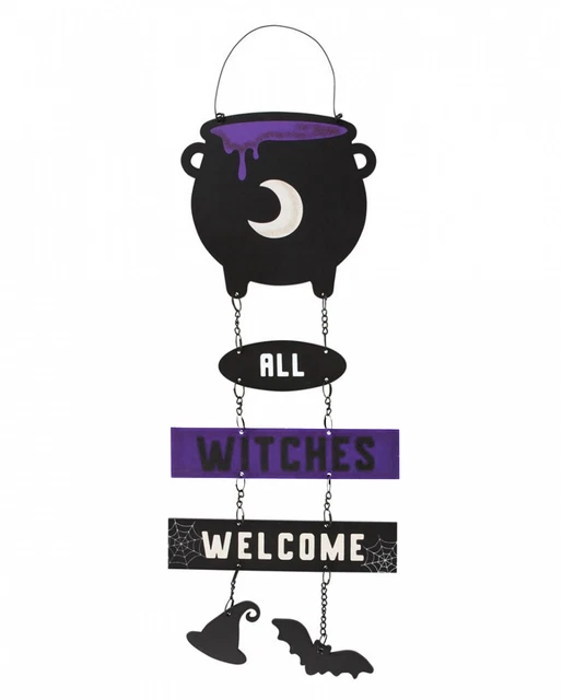 All Witches Welcome Hängeschild mit Kessel - Hexenhut & Fledermaus 30cm