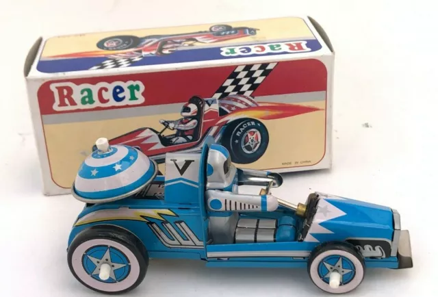 Red Only Tin Toy Racing Car  Clockwork Collectible Tinplate  Blue Spinning Disc