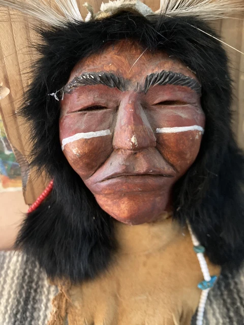 Wood Spirit Carving Wall Art Sculpture Native American Indian Head Signed