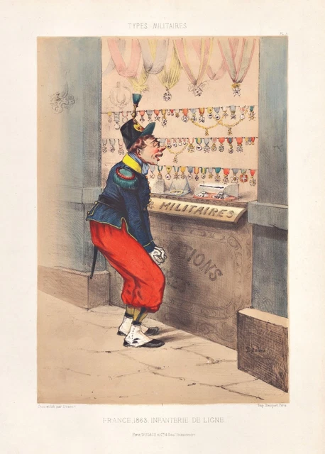 FRANCE INFANTERIE SOLDAT Militaire Caricature Lithograph Draner 1865