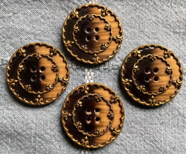 4 Vtg Antique Ornate Celluloid w/ Fancy Metal Buttons - Old Lot - 1 1/4”
