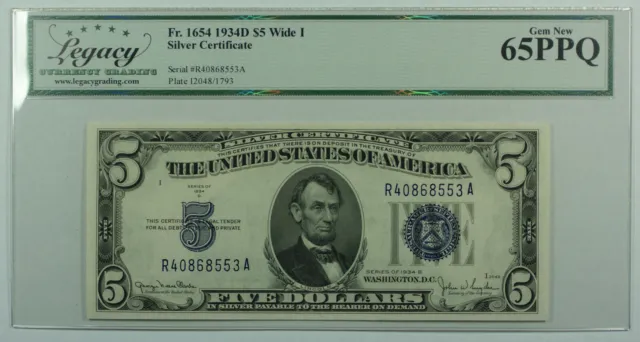 1934-D $5 Five Dollar Silver Certificate Wide I Fr. 1654 Legacy Gem New 65 PPQ