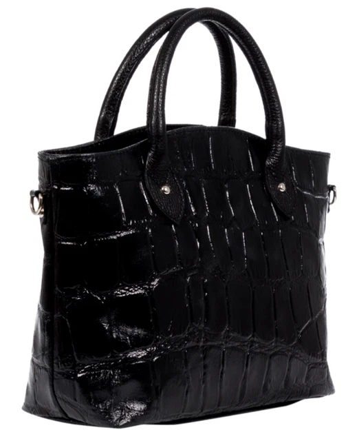 Sac à Main Pochette Vintage En Cuir Véritable Noir Effet Crocodile - Chaine Dorée - Taille : 33 Cm X 21 Cm