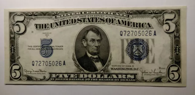 Fr. 1654 1934D $5 Silver Certificate Uncirculated Bill Clarke/Snyder Q72705026A