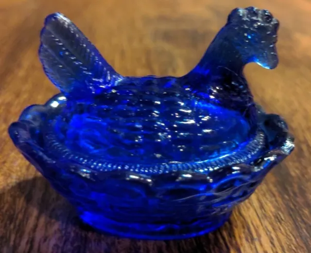 Vintage Cobalt Blue Glass Miniature Hen On Nest SALT CELLAR TRINKET BOX