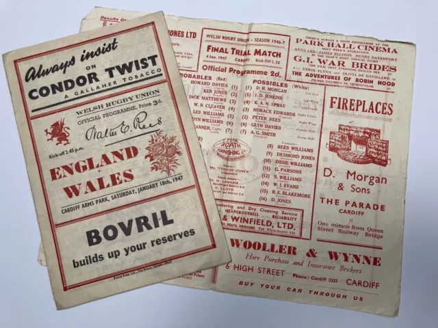 England V Wales Welsh Rugby Union Programme 1947