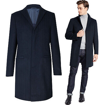 Wool Blend Revere Coat New Marks & Spencer Single Breasted M&S Navy Overcoat