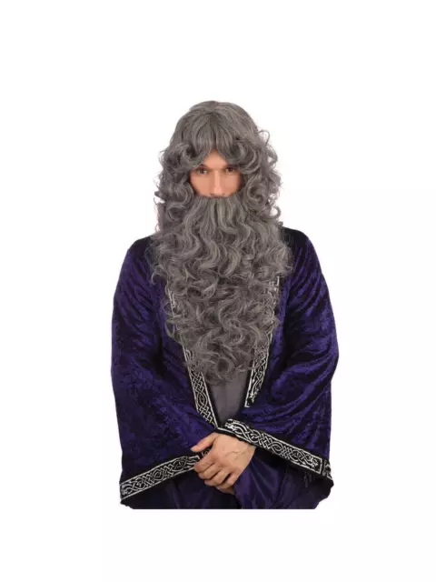 Wizard Wig & Beard Set Grey Long Curly Grey Wig Adults Fancy Dress Accessory