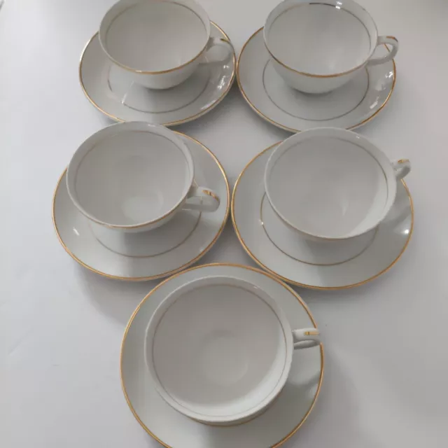 Sonnet Fine China Japan Cups & Saucers White with Gold Trim 5 Sets