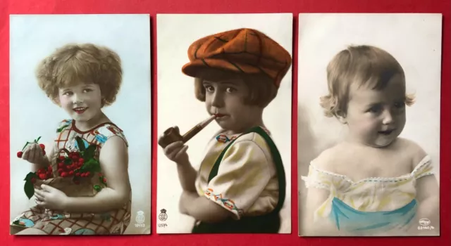 3 x Künstler AK 1925 Kinder mit Pfeife Baby Porträt Frisur    ( 98326