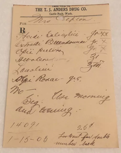 Antique Rx Prescription Form Opii 1905 Paper Ephemera Castle Rock WA Pharmacy
