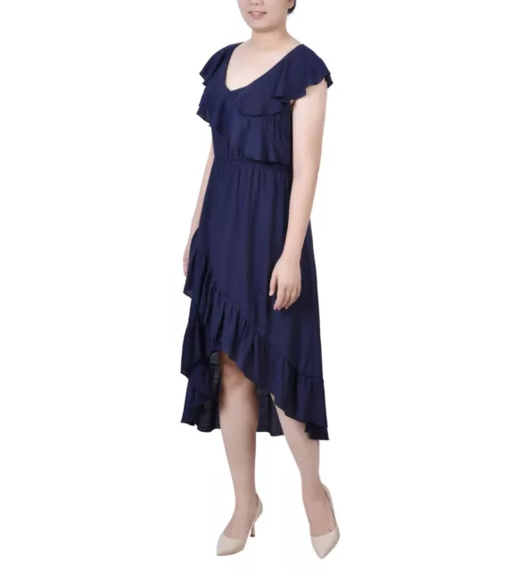 NY Collection Women's Sleeveless Flounced Dress Navy Petite Size PXL 2