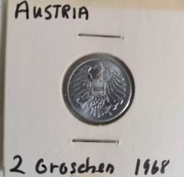 Vintage Austria, 2 Groschen Coin- 1968 -Collectible. Free Shipping to  USA
