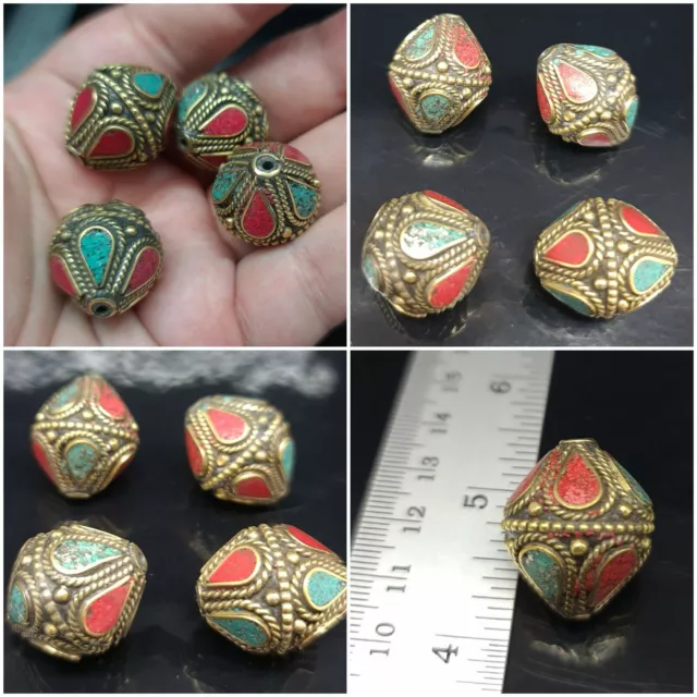 Tibetan Nepalese Artisan Handmade Brass Turquoise Coral Inlay 4 beads Tibet