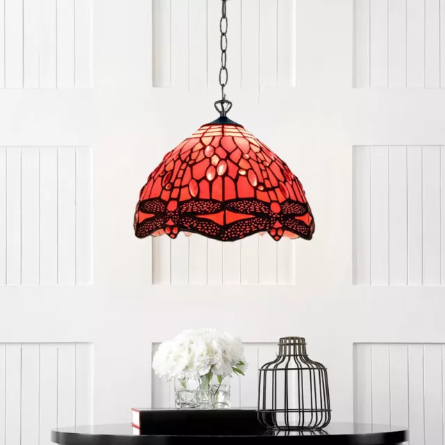 Tiffany Style Red Dragonfly Pendant Lamp 10 inch Stained Glass Shade Handmade.