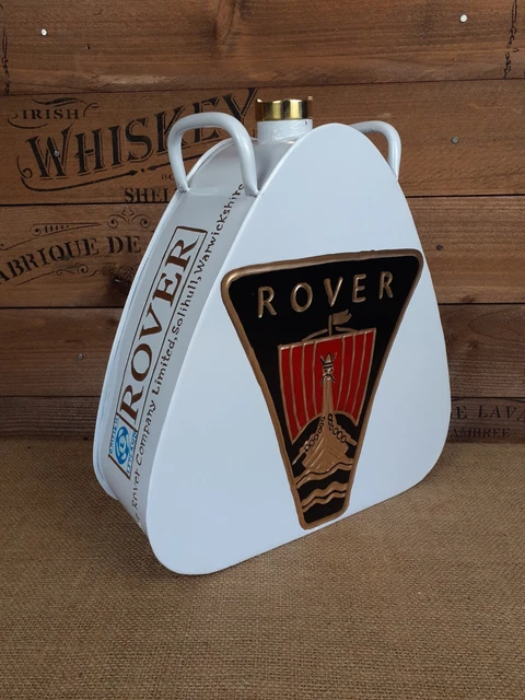 Retro vintage style White Rover Oil petrol can Triangular shaped