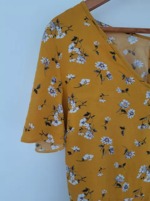 Mustard Dress Size 12 Floral Retro Style Yellow George V Neck Short Sleeved Boho 3