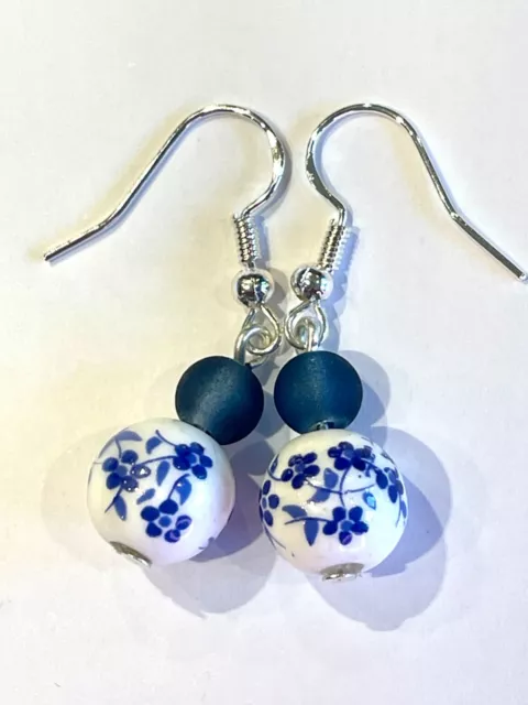 Blue Delft Blue and White 925 Sterling Silver Drop Earrings