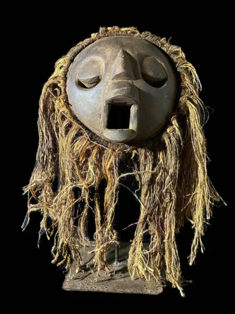 African Lega Mask Hand Carved Mask Bwami Society Raffia Congo African-6699