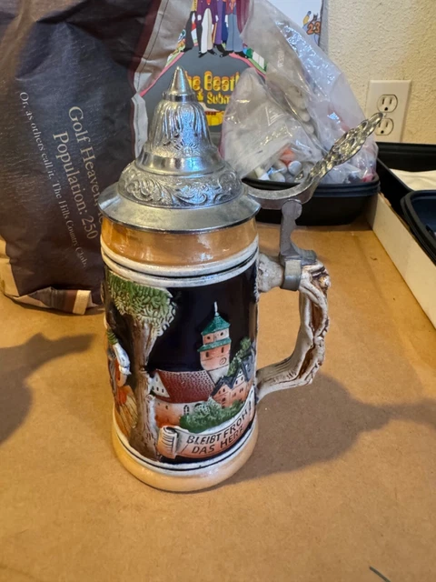 WESTERN GERMAN THEWALT Beer Stein Mug BEI SPIEL UND SCHERZ, BLEIBT FROH