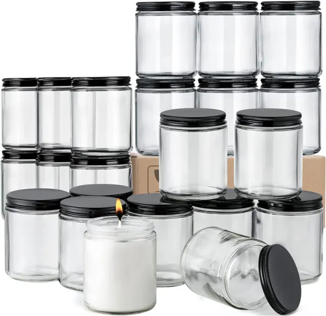 24 Pack, 8 OZ Thick Glass Jars with Metal Lids, Clear round Candle Making Jars -