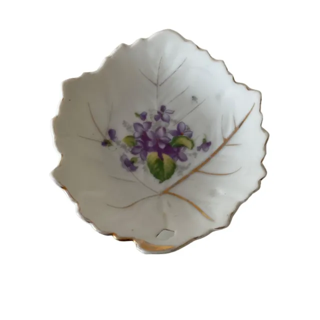 Purple Floral Leaf Shape DETSON Hand Painted Dish 4In Tea Plate purple flower