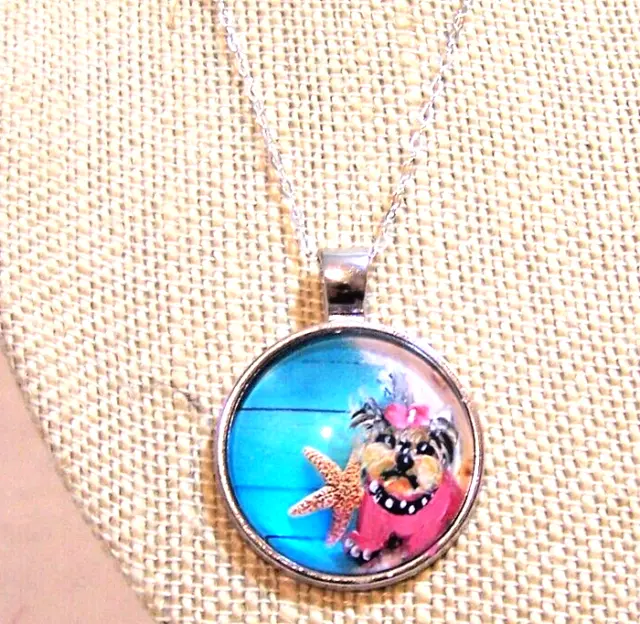 hand painted Yorkie beach pendant necklace silver tone chain